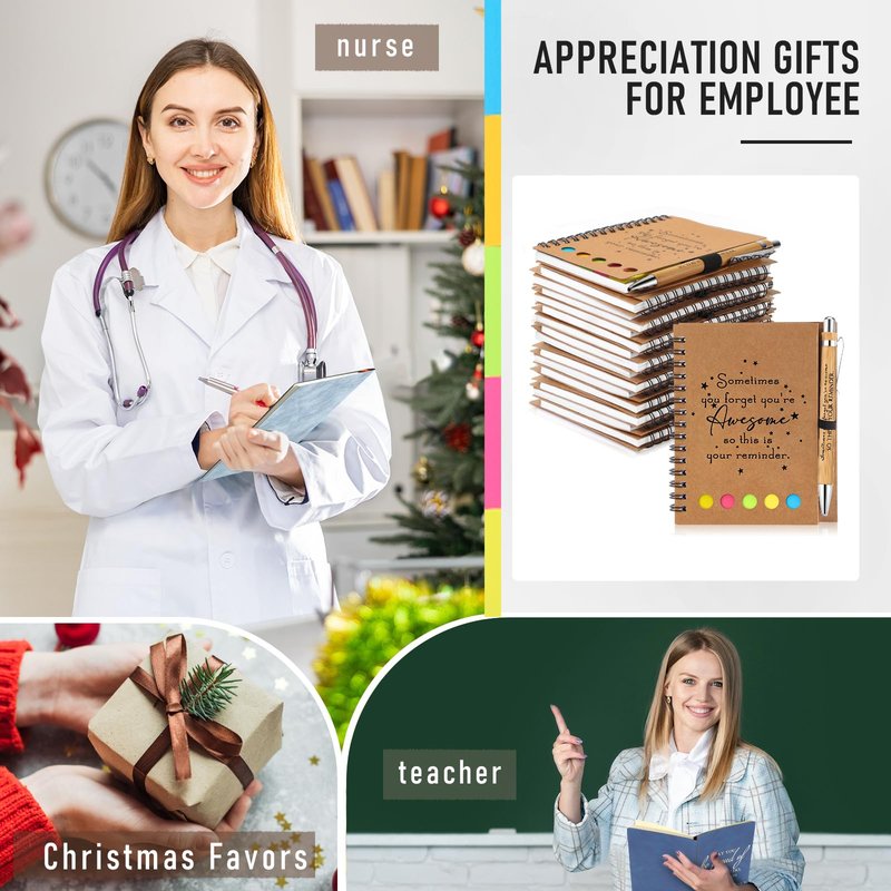 Chuangdi 10 Sets Back to School Teacher Gifts Appreciation Journal Inspirational Notebook with Sticky Notepad Ballpoint Pen Bulk Thank You Gifts for Student Staff Team Coworker Nurse(Kraft)