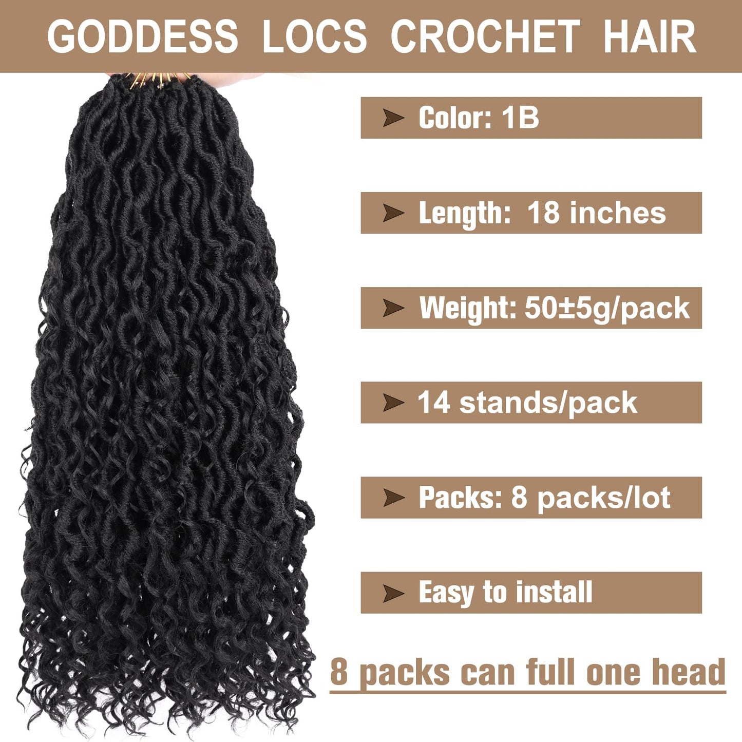 COOKOO 18 Inch 8 Packs (14 Stands/Pcs) Pre-looped Crochet Goddess Locs with Curly Ends Jet black Soft Faux Locs Wavy Crochet Braiding Hair Pre Curled Goddess bohemian Locs Crochet Hair for Women
