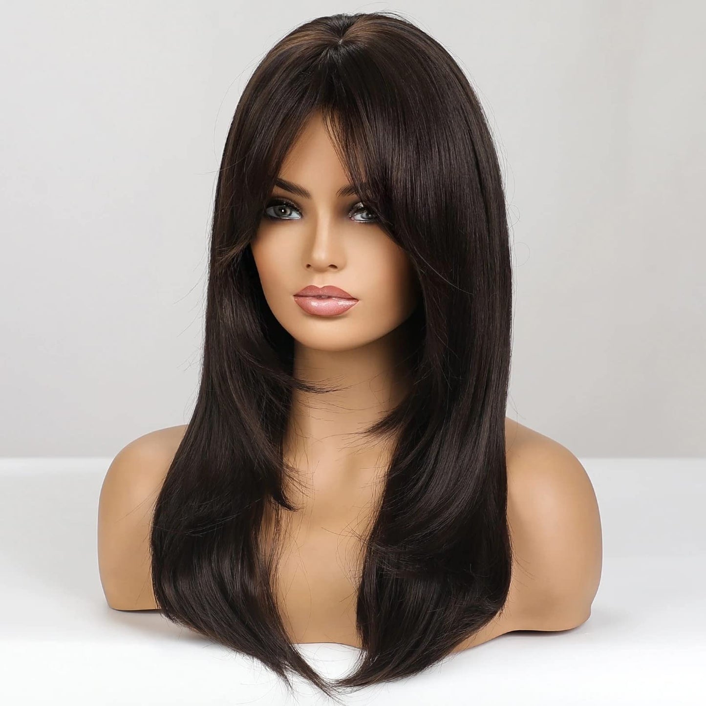 MAGQOO Dark Brown Wigs for Women Long Dark Brown Wig Dark Brown Layered Wig with Bangs Synthetic Heat Resistant