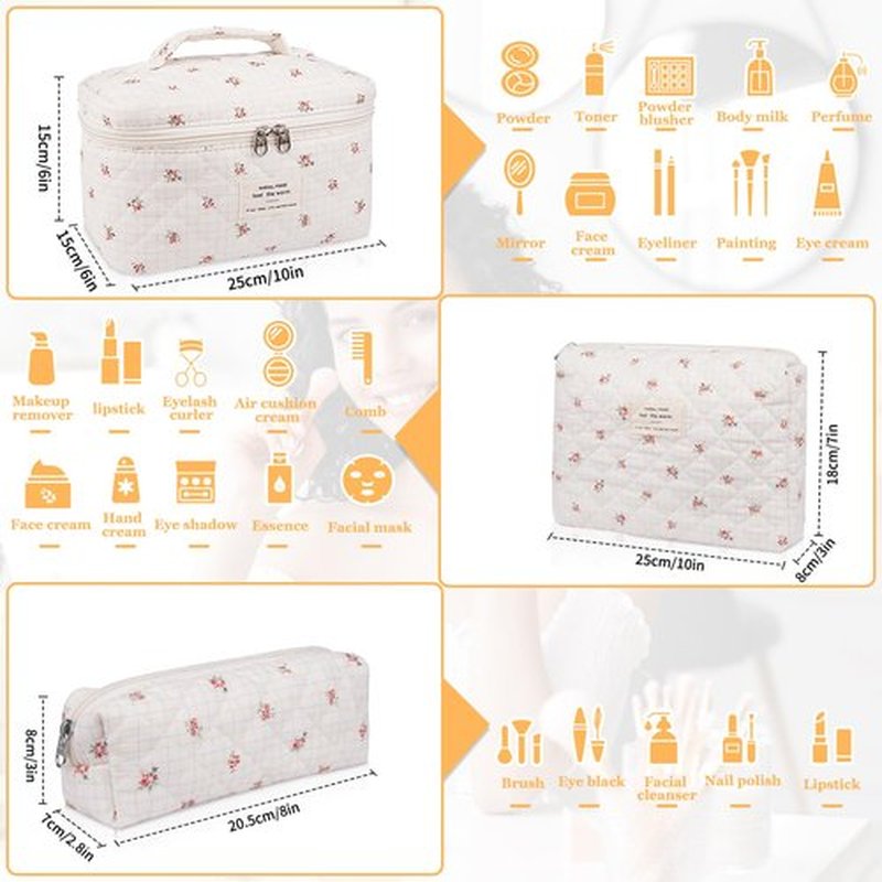 Makeup Bag Set, Quilted Makeup Bag, Large Floral Cosmetic Bag for Women, Cute Cotton Makeup Bags, Flower Travel Toiletry Organizer Bag(Plaid Floer)