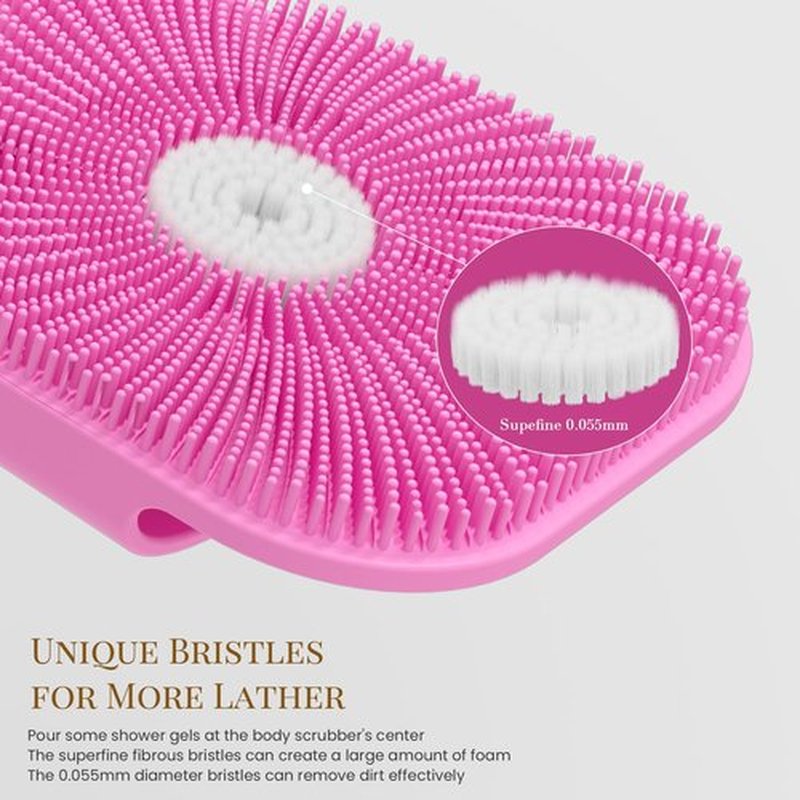 Silicone Body Scrubber for Women, Friendly Shower Body Scrubber for Sensitive Skin, Silicone Loofah Body Scrubber for Showering with Richer Foam Bristles and Anti-Slippery Handle, Pink