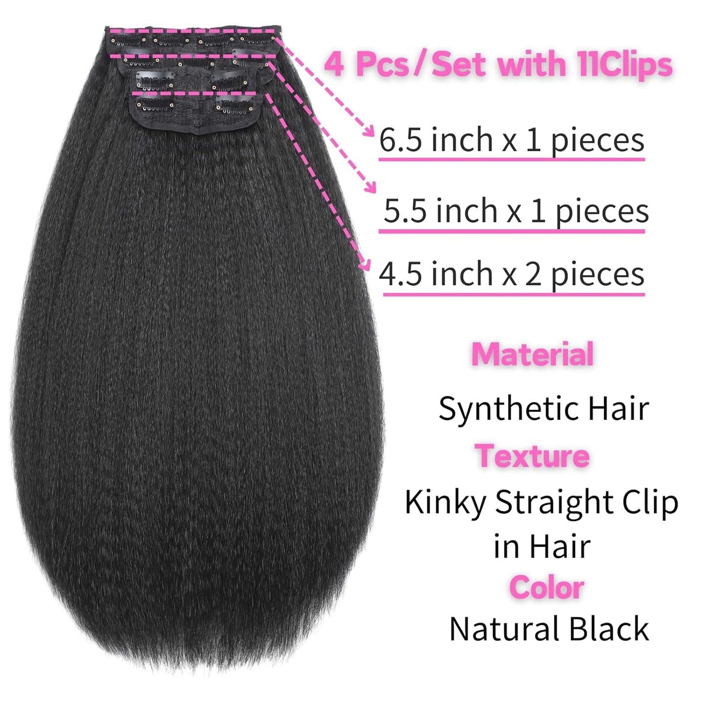 28inch Kinky Straight Clip ins Hair Extensions for Black Women 200g/Pack Full Head Yaki Kinky Straight Synthetic Hair Clip ins Hair Natural Black 4Pcs 11 Clips