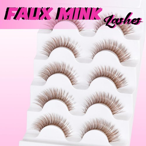 Veleasha Brown Lashes Cat Eye Lashes Wispy Faux Mink Lashes 100% Handmade Natural Look False Eyelashes with Clear Band Lightweight Fluffy False Eyelashes 5 Pairs Pack(Brown01)