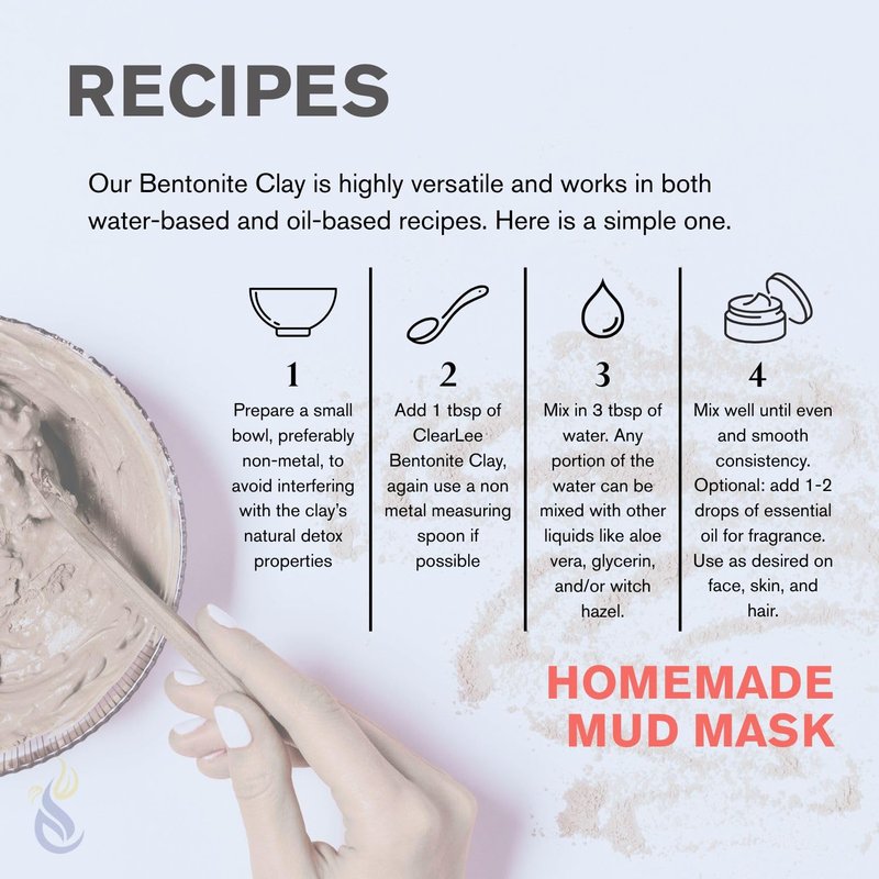 ClearLee Bentonite Clay Cosmetic Grade Powder - 100% Pure Natural Powder - Indian Clay - Great For Skin Detox, Rejuvenation, and More - Heal Damaged Skin - DIY Clay Face Mask (1 LB)