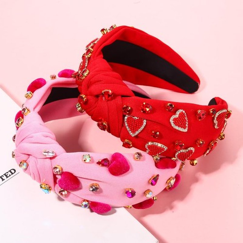 CEALXHENY Beaded Pink and Red Heart Headband for Women - Jeweled Rhinestone Crystal Wide Top Knot Headband, Valentines Outfit and Gift (2PCS)
