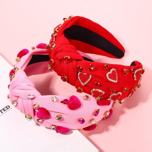 CEALXHENY Beaded Pink and Red Heart Headband for Women - Jeweled Rhinestone Crystal Wide Top Knot Headband, Valentines Outfit and Gift (2PCS)