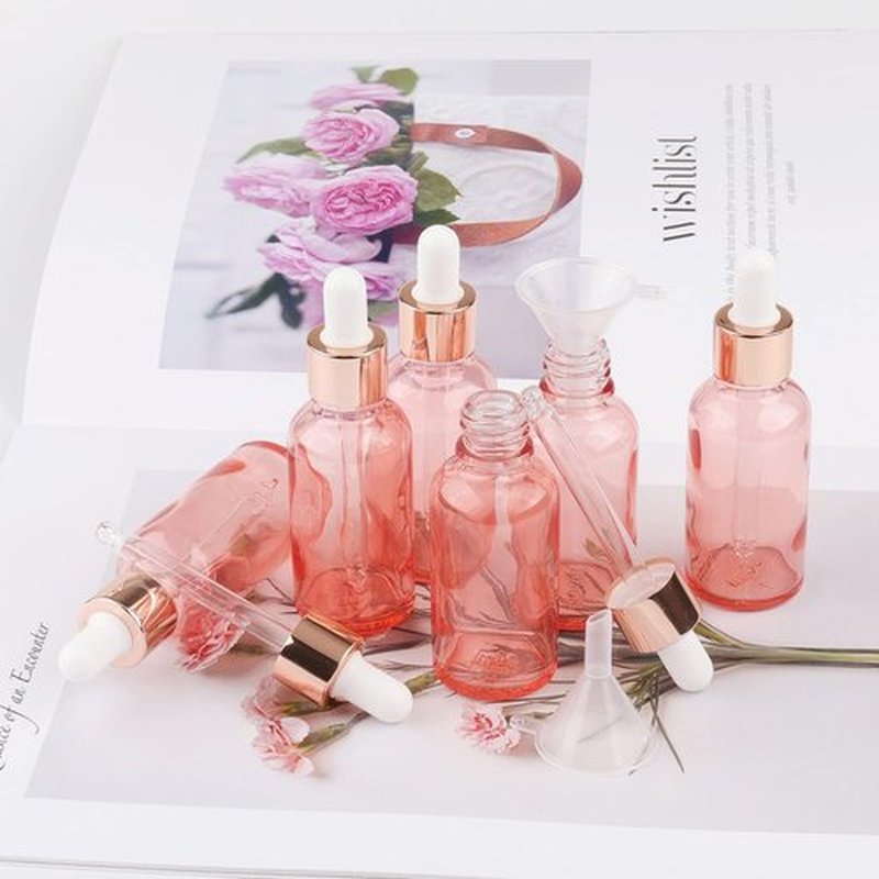 Kesell 8 Pack 30ml Pink Dropper Bottles, 1 oz Empty Refillable Glass Sample Vials for Essential Oils DIY Perfume Container, With Rose-Gold Cap And 3 Funnel