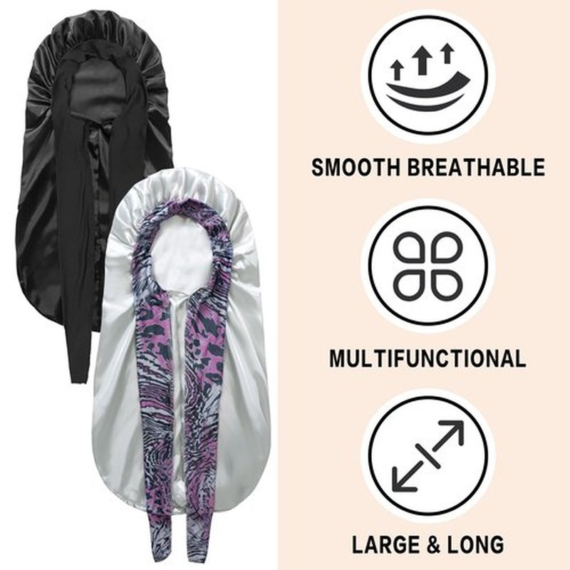 2Pack Bonnets for Black Women Braid Bonnet, Large Long Bonnet Satin Bonnet for Braids,Black Women Silk Bonnet with Stretchy Tie Band Braid Bonnet for Sleeping Extra Long (Black & Light Green Pattern