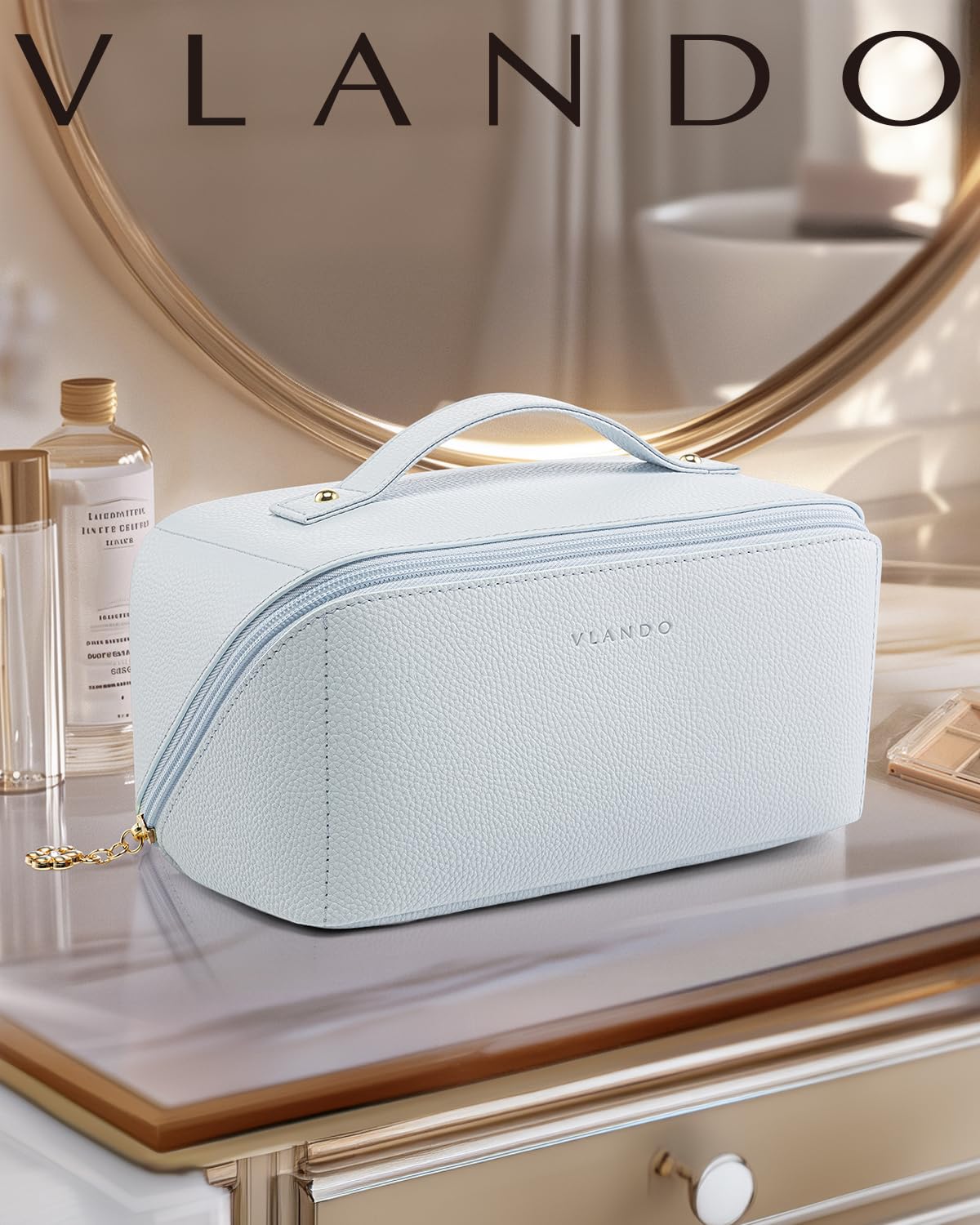 Vlando Makeup Bag,Travel Makeup Bag Waterproof Portable Cosmetic Bag PU Leather Open Flat Make up Organizer for Toiletries,Makeup Brushes Bag Gifts for Teen Girls Women(Baby Blue)