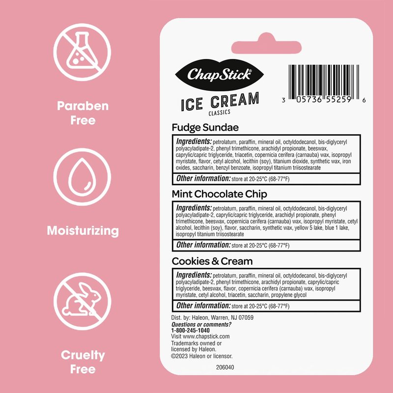 ChapStick Lip Moisturizer, Ice Cream 3-Packs (12 Sets/36 Tubes) - Bulk Lip Balm, Irresistible & Sweet, 0.15 Oz Ea