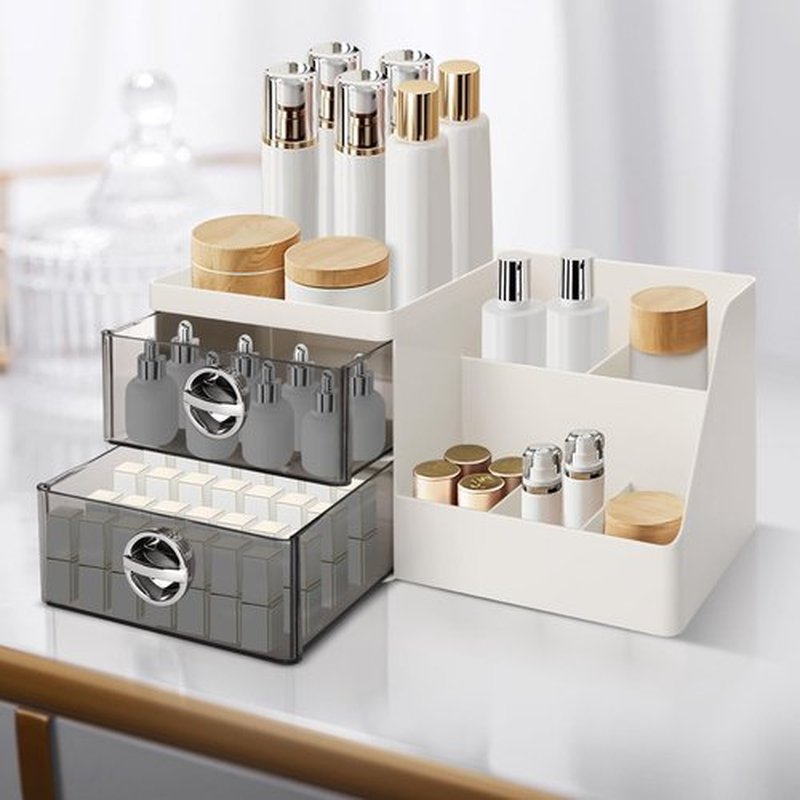 Makeup Organizer with Clear Drawers,Plastic Skincare Organizers for Vanity,Large Capacity Makeup Organizer Countertop for Cosmetics, Skincare,Office Stationery (Gray Drawer)