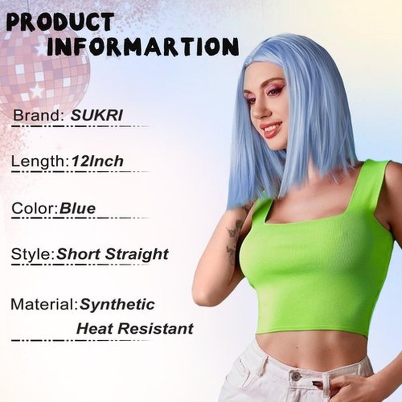 SUKRI Straight Blue Bob Wig 12 Inch Light Blue Bob Wigs for Women Middle Part Heat Resistant Synthetic Hair Natural Looking Costume Cosplay Halloween Party Use