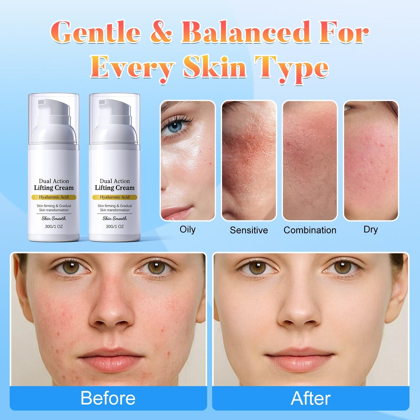 zardlect 2PCS Skin Dual Action Lifting Cream-Instant Firming with Peptides & Hyaluronic Acid, Hydrating Moisturizer, All Skin Types, 1.05oz