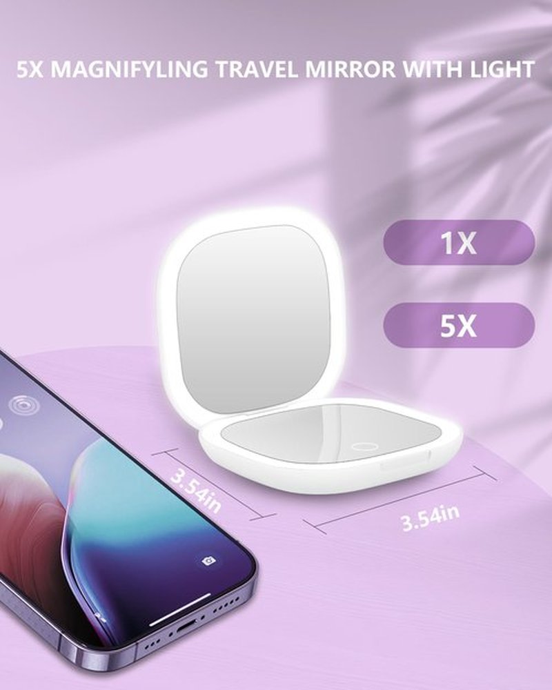 Dec.Metu Compact Mirror, 1X/5X Magnification Pocket Travel Makeup Mirror with Lights for Purse Rechargeable Small Handheld Mirror for Gift White