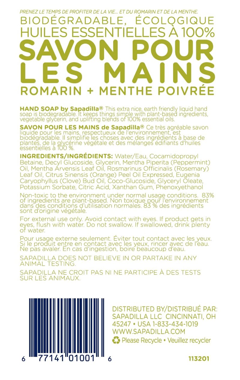 Sapadilla Liquid Hand Soap - Rosemary + Peppermint - Made with 100% Pure Essential Oil Blends, Cleansing & Moisturizing, Aromatic & Fragrant Hand Soap, Plant Based, Biodegradable, 12 Ounce (Pack of 4)