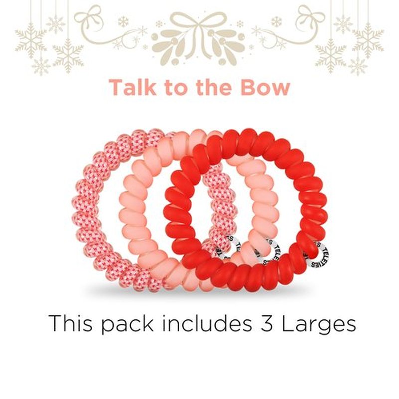 TELETIES - Large Spiral Hair Coils - Holiday Collection - Ponytail Holder Hair Ties for Women - Phone Cord Hair Ties - Strong Grip, No Rip, Water Resistant, No Crease - 3 pack - Talk to the Bow