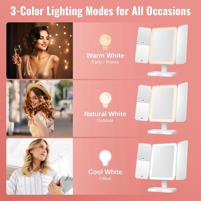 EASEHOLD Makeup Mirror Vanity Mirror with Lights, 2X 3X Magnification, 2200 mAh Rechargable, Lighted Makeup Mirror, Touch Control, Trifold Makeup Mirror, Gifts for Girls & Women