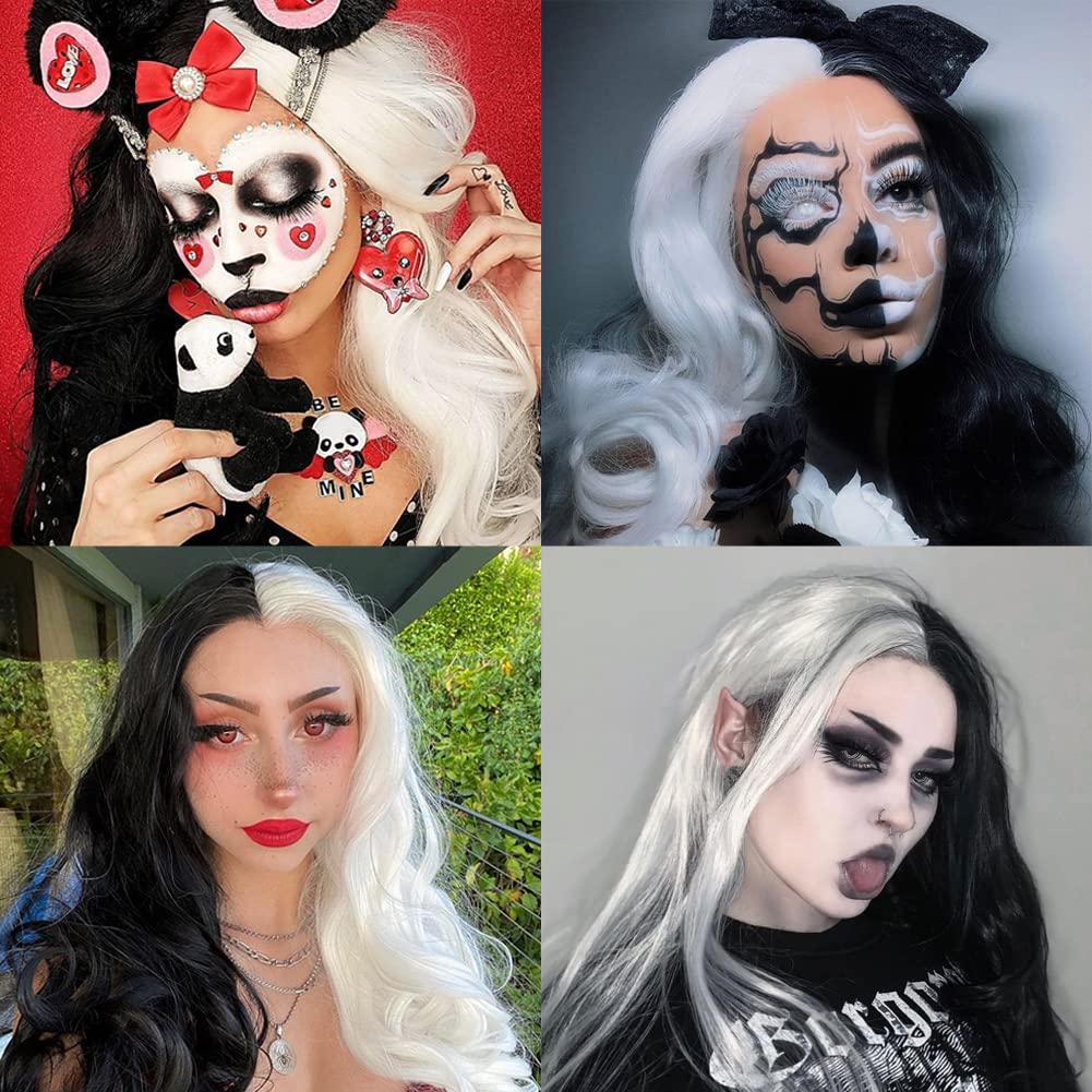 Fancy Hair Half Black Half White Long Curly Wavy Wigs Synthetic Long wavy Wig Daily Party Cosplay Wigs for Black Women 26"
