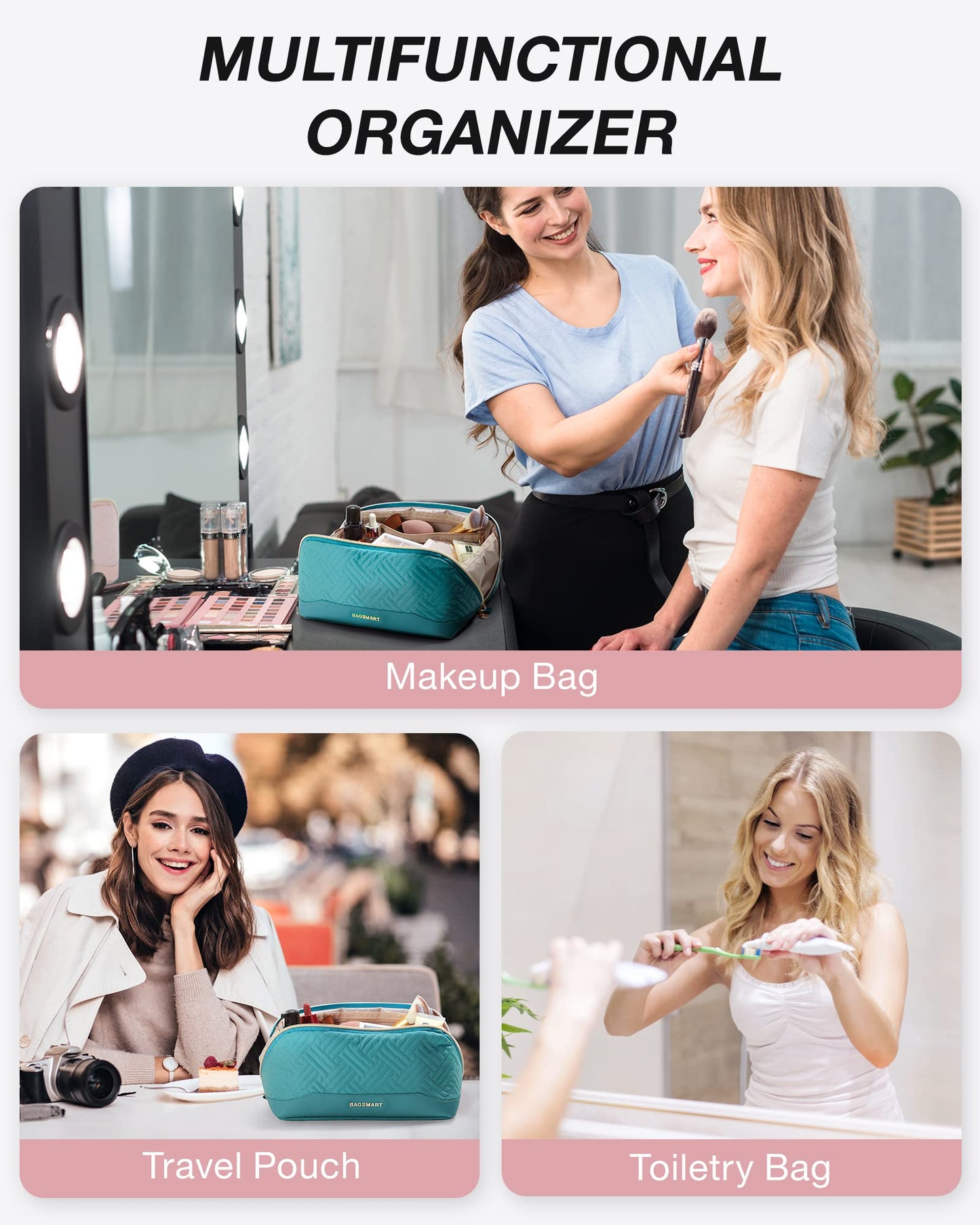 BAGSMART Makeup Bag, Travel Cosmetic Bags Water-resistent Makeup Case for Women Portable Pouch Open Flat Make Up Organizer for Toiletries, Brushes, Teal