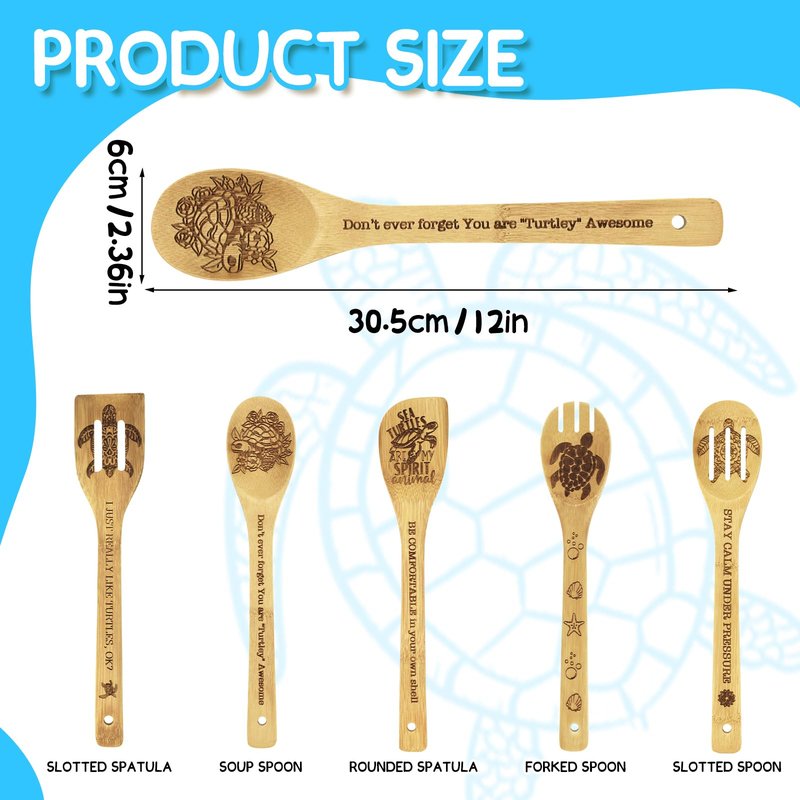 Sea Turtle Gifts for Women 6PCS Unique Sea Turtle Print Bamboo Spoons Gifts Set with Keychain Sea Turtle Decor Kitchen Gifts for Mom Bestie Teacher