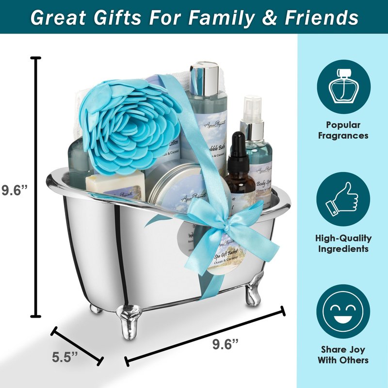 Aqua Elegante Spa Gift Basket For Women - Luxury Bath Set with Wash, Bubbles, Lotion, Body Butter, Soap, Towel, Shower Puff, Reusable Basket, Gifts for Mom, Wife, Girlfriend - Ocean & Coconut