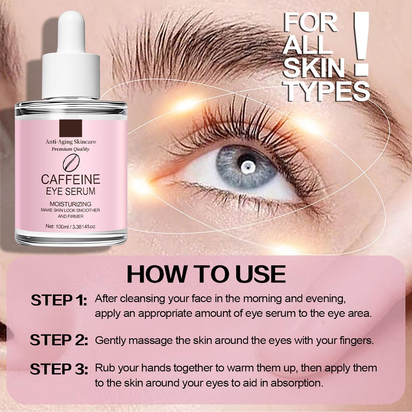 Caffeine Eye Serum with Hyaluronic, Moisturizing Eye Serum for Dark Circles Hydrating Under Eye Serum for Anti-Aging Reduce Fine Lines, Softens & Nourish Skin 100ml