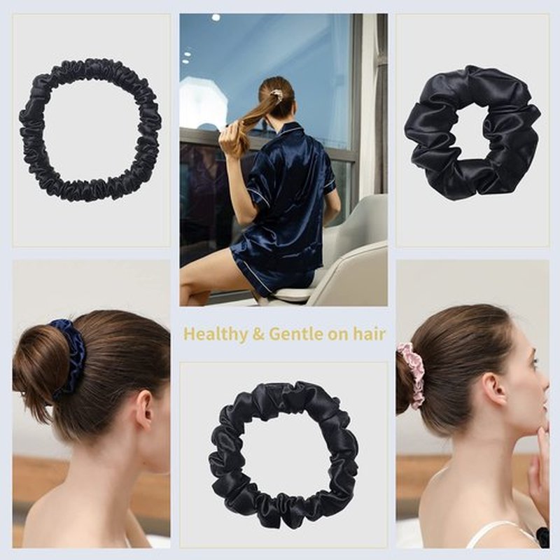 ZIMASILK 100% Mulberry Silk Hair Scrunchies-Standard, Small, Mini-Best For Women and Girls’Hair 19 Momme Elastic Hair Bands for Ponytail Holder Gentle and No hurt (3 Sizes, Black)