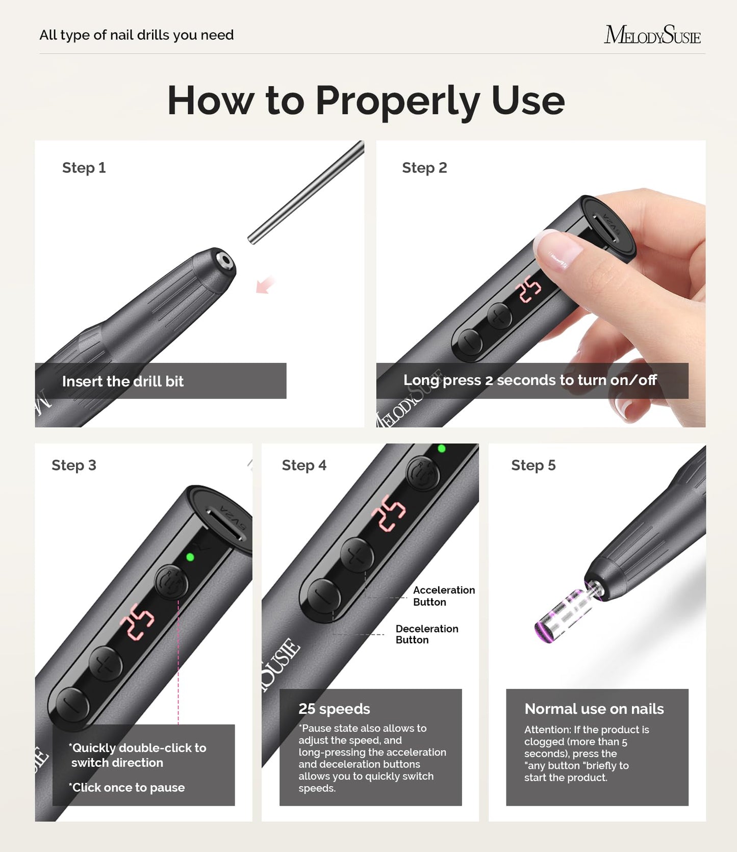 MelodySusie Rechargeable Cordless Electric Nail Drill,PC180E 25000RPM Portable Nail Efile for Acrylic Gel Dip Powder Nails, 25 Speeds with Nail Drill Bits Sanding Bands Gray