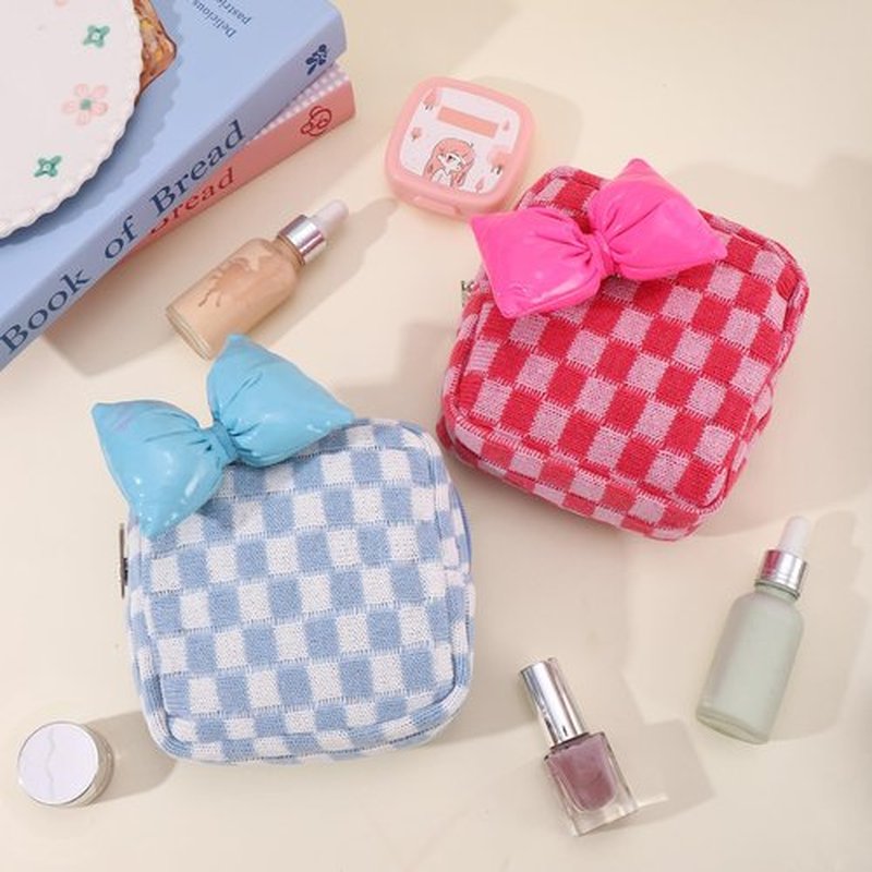 LYDZTION 2Pcs Small Makeup Bag Cosmetic Bag for Women, Checkered Makeup Bag Plaid Makeup Bag Cute Small Makeup Bag Storage Bag Travel Toiletry Bag Organizer Bow Pouch,Blue and Pink