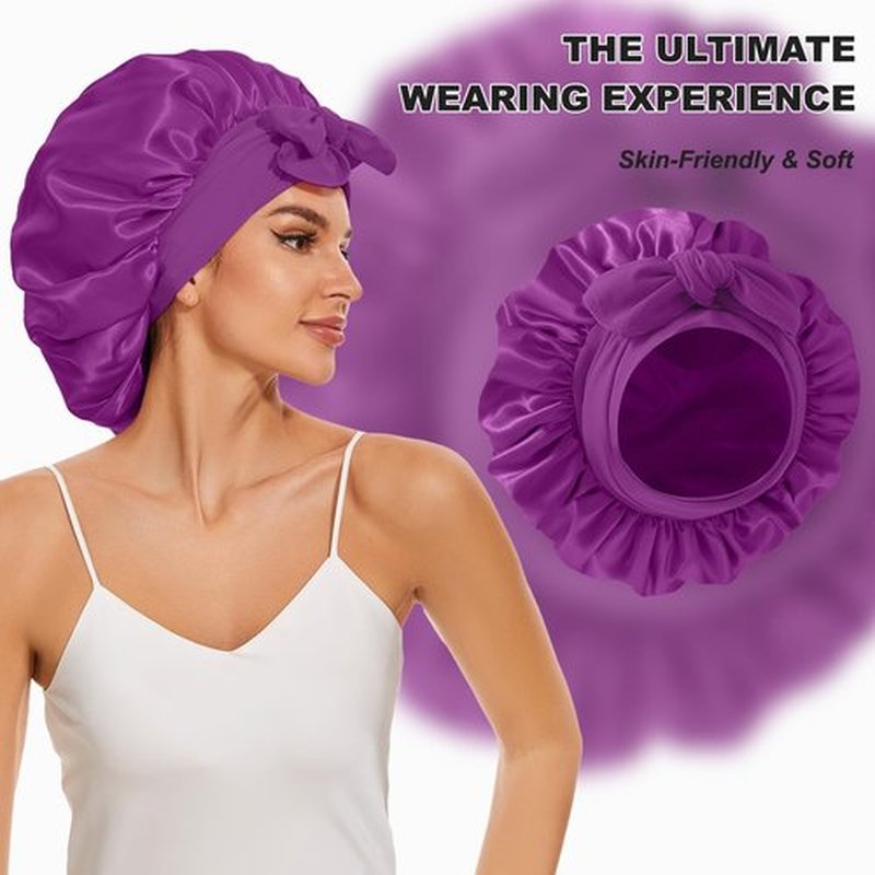 Satin Bonnet for Sleeping, Silk Bonnet for Sleeping Women, Double-layer Satin Bonnet with Tie Band Purple