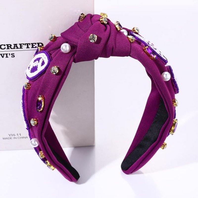 JERTOCLE Football Knotted Headbands for Women Game Day Sports Headband Pearl Crystal Bejeweled Wide Top Knot Hairband Game Day Hair Accessories (Purple White)