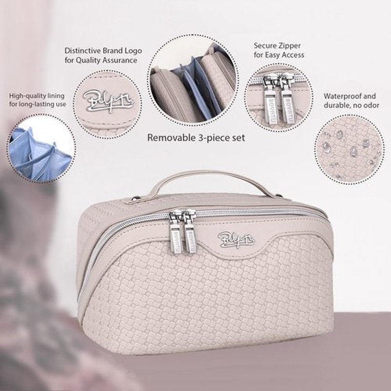 Travel Makeup Bags Cosmetic Organizer Bag: Large Capacity Make up Bag Set of 3 - Vegan Leather Woven Toiletry Bag for Women - Portable Makeup Organizer with Compartments & Handle & Divider Beige