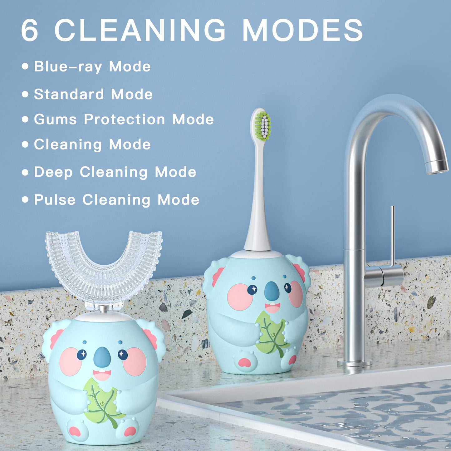 ELOTAME Cartoon Kids U Shaped Electric Toothbrush with 4 Brush Heads,Full Mouth 360-Degree Cleaning Sonic Automatic Toothbrush with IPX7 Waterproof (8-15 Age Blue Koala witht Cup)