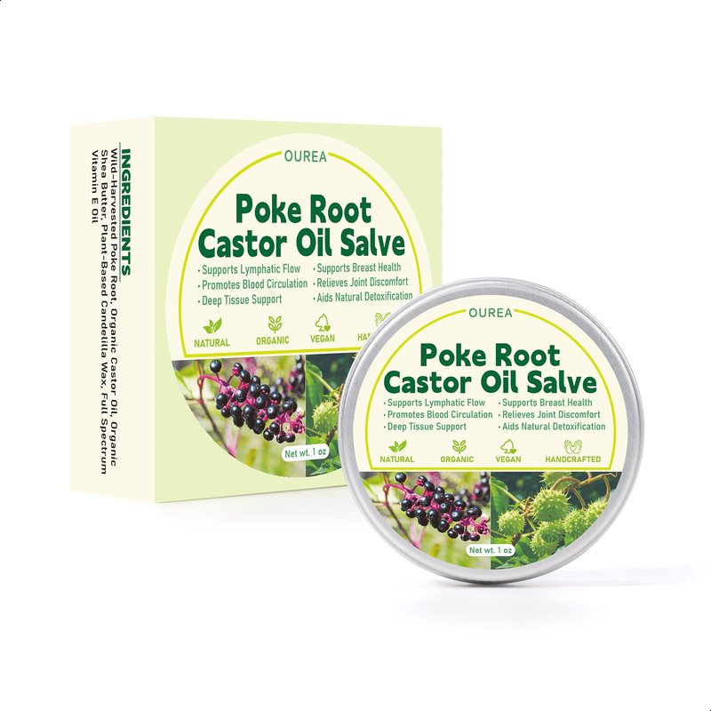 Poke Root Castor Oil Salve, Organic Lymphatic Support Massage Balm, Deep Tissue Ointment for Cyst, Boils, Breast, Fibroids, Swollen Lymph Nodes & Joint, Natural, Vegan - 1 Oz