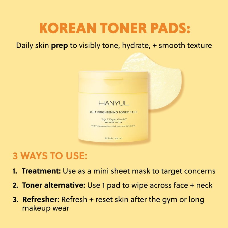 HANYUL Yuja Toner Pads | Korean Yuzu Face Toner Pads with Vitamin C & 5% Niacinamide | Visibly Reduce Dark Circles, Dark Spots, Even Tone, Boost Glow for Face & Undereyes | All Skin Types | 60 Pads