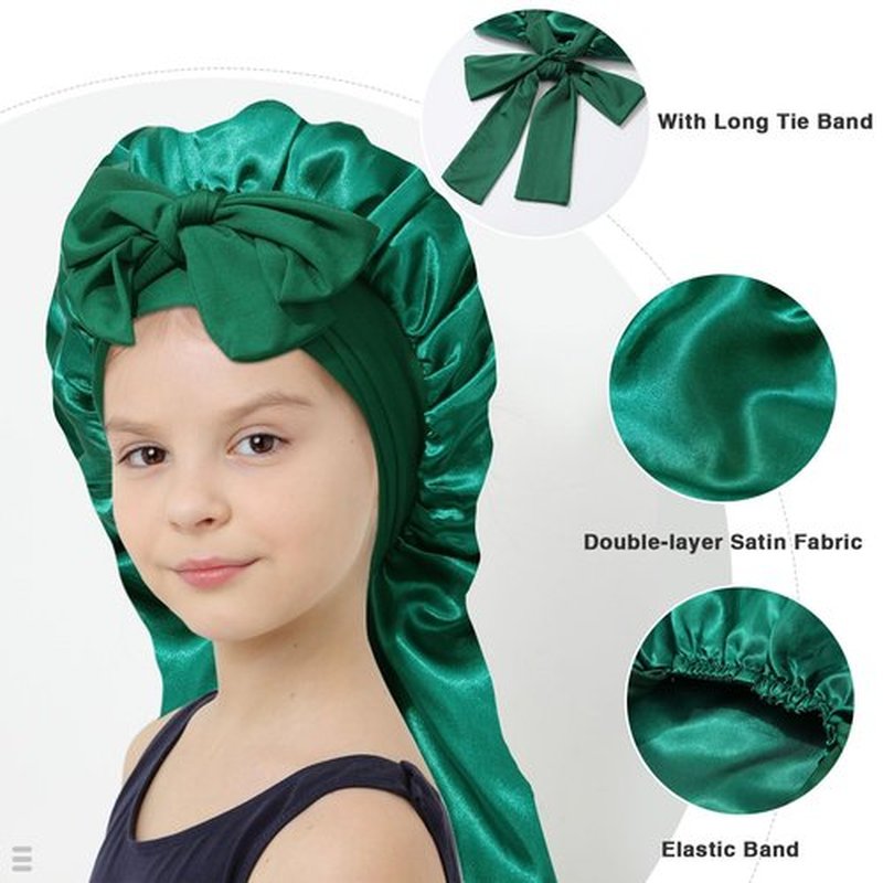 Kids Long Hair Bonnet for Sleeping - Double Layer Girls Elastic Satin Bonnet with Tie Band for Braid Curly Hair (Green)