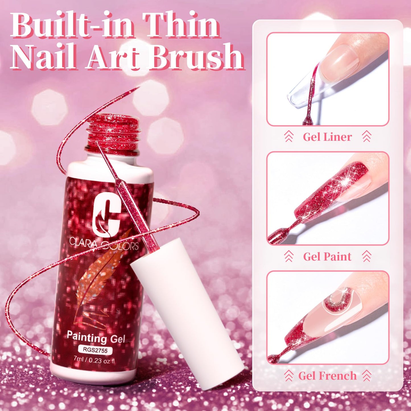 Clara Colors Glitter Gel Polish Nail Art Gel Liner Set for Winter,20 Colors Red Yellow Gel Polish for Swirl French Tip Painting Designs Built Thin Nail Art Brush in Bot