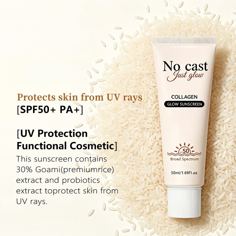 2026 NEW No Cast Just Glow Collagen Sunscreen | SPF 50 Broad Spectrum Face Sunscreen | Lightweight, Non-Sticky, Hydrating Formula | Peptide, Cica for Soothing & Glow | Korean Skincare