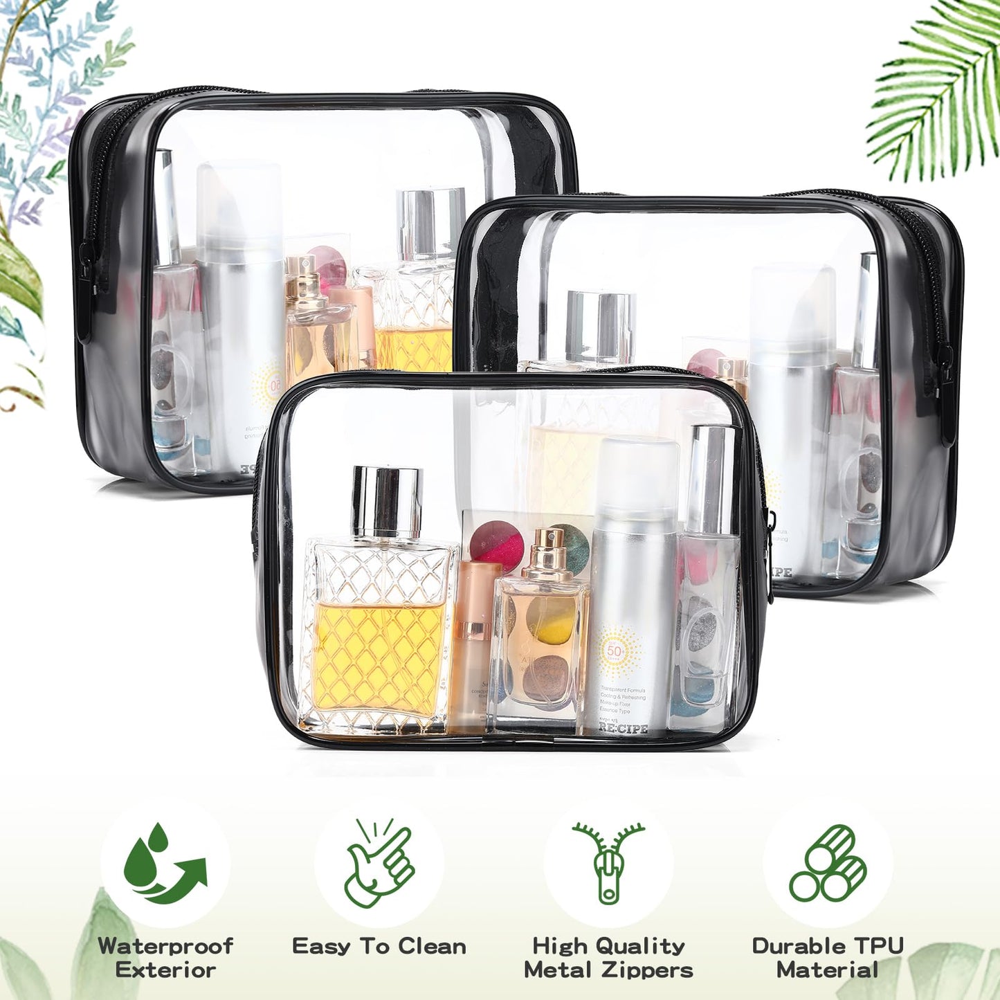 Weewooday 12 Pieces Clear Cosmetics Bag PVC Zippered Clear Toiletry Carry Pouch Cosmetic Makeup Bag Waterproof Makeup Vinyl Plastic Organizer Case for Vacation Bathroom(Dark Black,Medium)