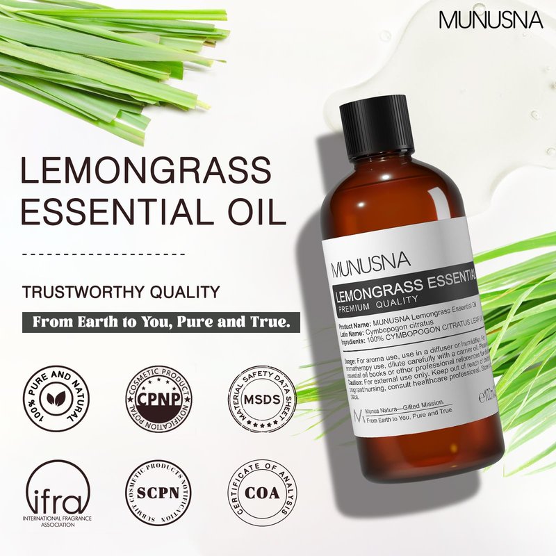 MUNUSNA Lemongrass Essential Oil, 100% Natural & Pure Lemongrass Oil 100ML, Premium Grade Essential Oils Aromatherapy Scented Oils for Diffusers, Home Care, Skin, Laundry, Spray, Candle Soap Making