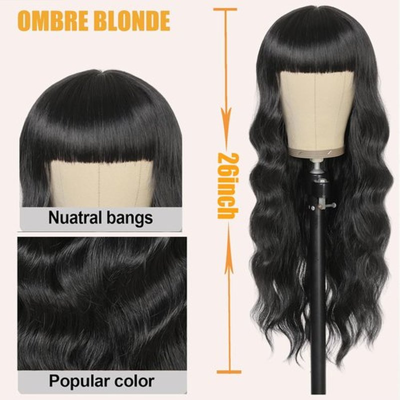 punhurt Black Wig with Bangs 26inch Long Black Wig Wavy Wig for Women Synthetic Wig Curly Natural Black Wigs for White Women Girls Wig with Bangs