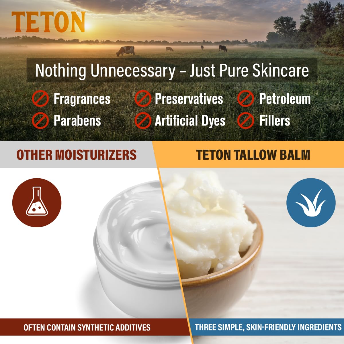 TETON Grass Fed Beef Tallow Balm with Manuka Honey, Olive Oil & Vitamin E – All-Natural Face & Body Moisturizer – Hydrating Skin Cream for Dry, Sensitive Skin – 50ml Glass Jar