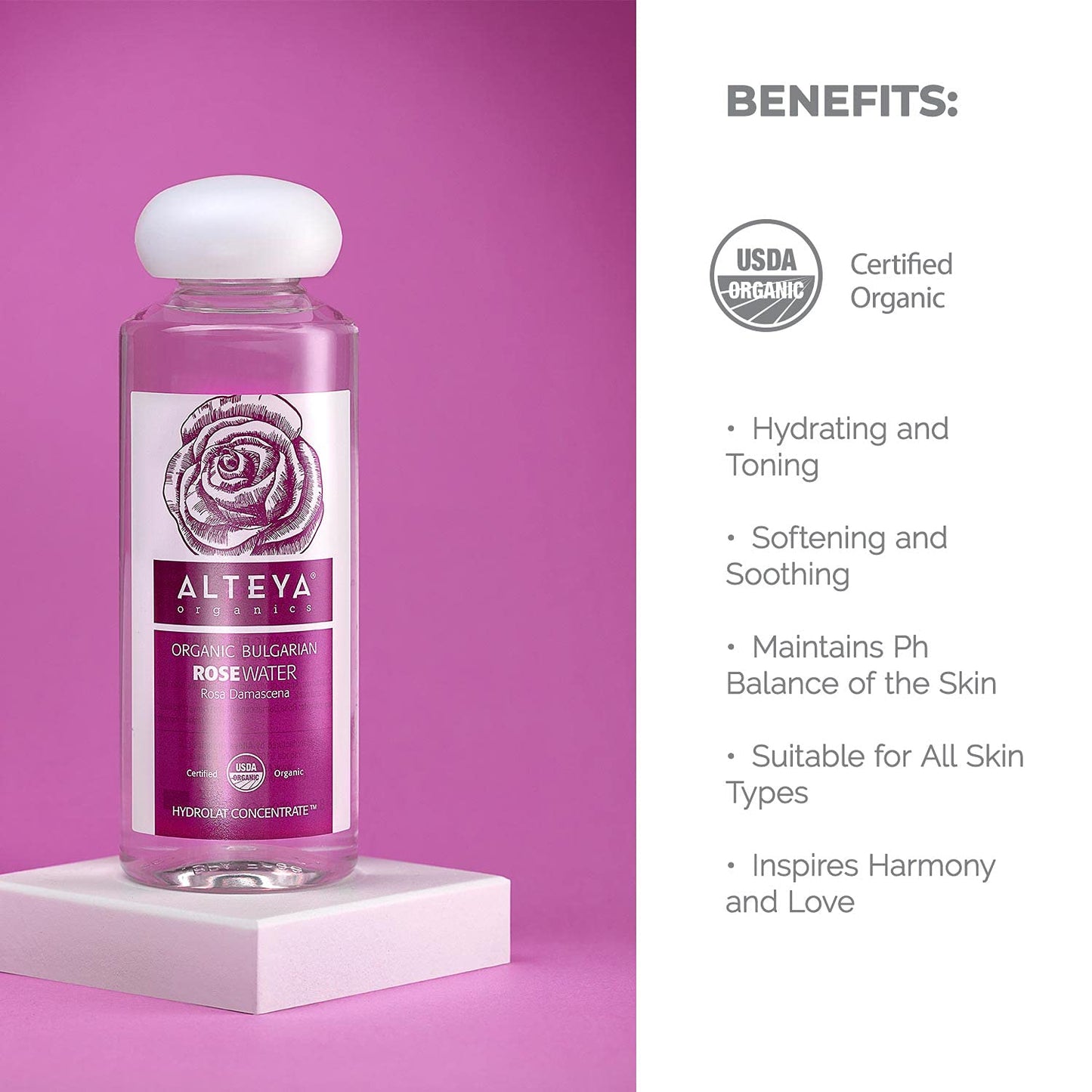 Alteya Organics Rose Water USDA Certified Organic Facial Toner, 8.5 Fl Oz