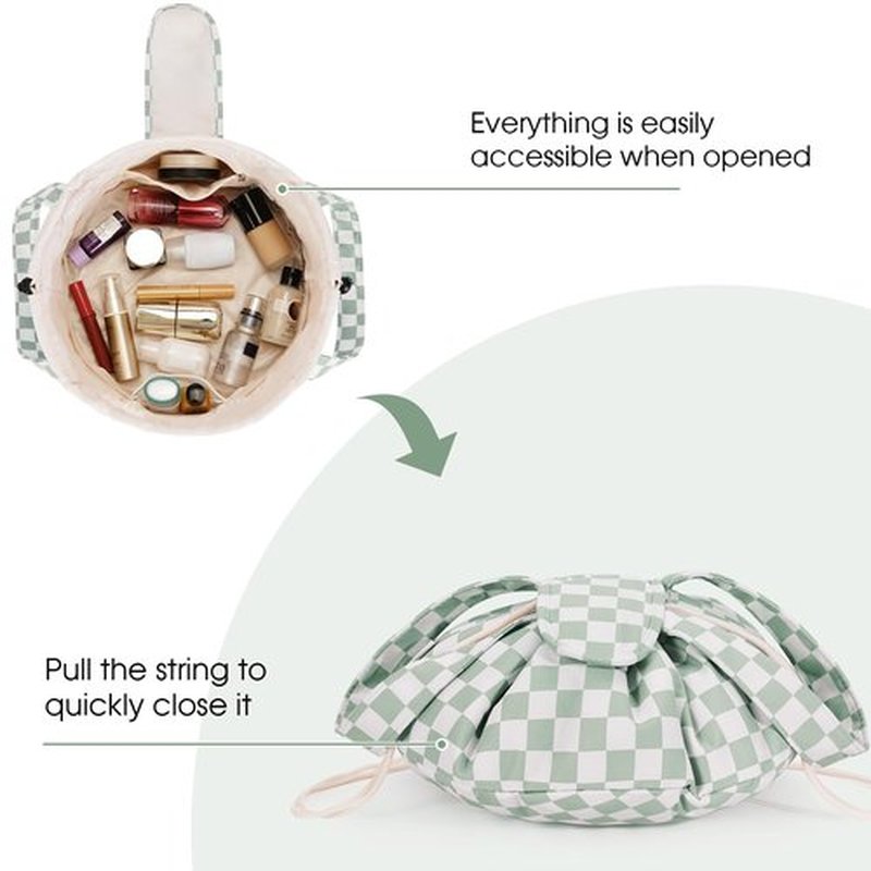 Barrel Drawstring Checkered Makeup Bag Large Cosmetic Bag Make up Bags Toiletry Organizer for Women (Mint Green Checkerboard) (Patent)