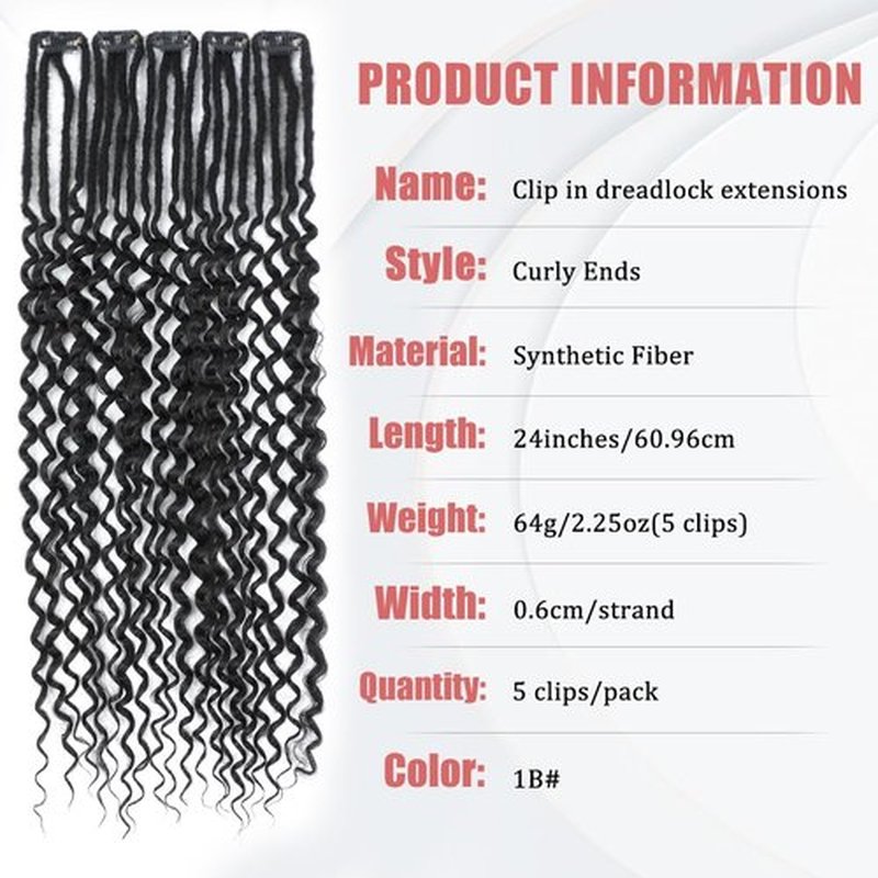 Ajsowju Curly Dreadlocks Clip in Dreadlock Extension 5PCS 20 Strands Clip in Wavy Dreadlock 24inches Thin Soft Dread Extenisons for Women (1B#,Curly)