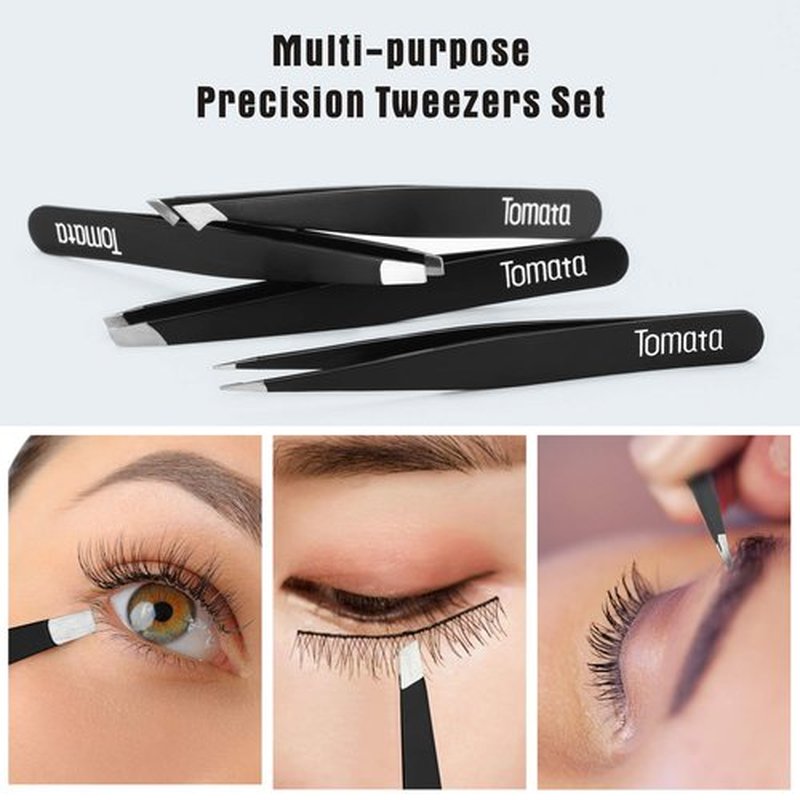 Tomata Tweezers for Eyebrows, 4-piece Slant Tip and Pointed Eyebrow Tweezer Set Great Precision for Eyebrows Facial Hair, Ingrown Hair, Splinter, Blackhead and Tick Remover (Black)