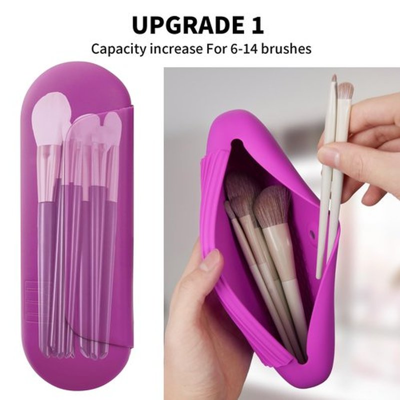 AGIKET Silicone Makeup Brush Holder Travel Cosmetic Bag:Soft Portable Cosmetic Face Brushes Holder with Upgrade Anti-Fall Out Magnetic Closure, Large Travel Makeup Brush Case - Bright Pink