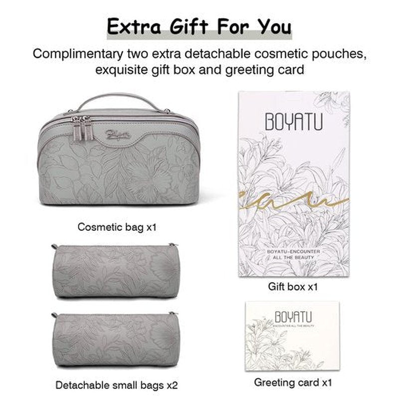 Travel Makeup Bags Cosmetic Organizer Bag: 3-Set Large Capacity Make up Bag - PU Leather Toiletry Bag for Women - Wide Open Portable Pouch with Divider & Handle (03-Grey-1)