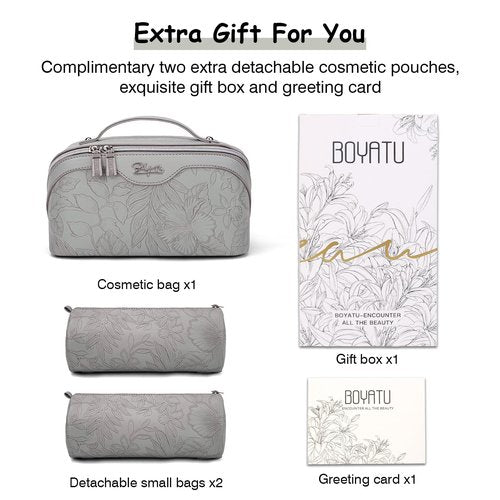 Travel Makeup Bags Cosmetic Organizer Bag: 3-Set Large Capacity Make up Bag - PU Leather Toiletry Bag for Women - Wide Open Portable Pouch with Divider & Handle (03-Grey-1)