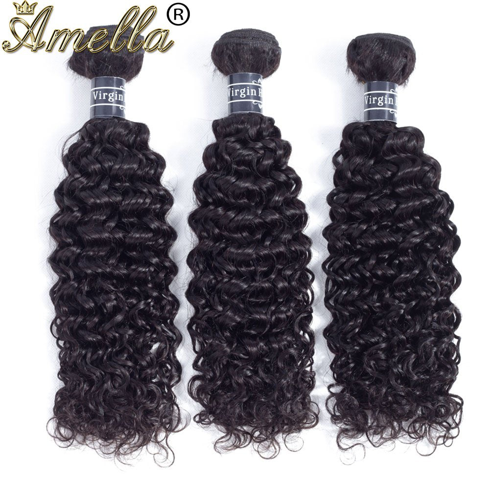 Amella Hair Brazilian Virgin Curly Hair 3 Bundles Hair Extensions 8A Brazilian Kinky Curly Hair Remy Human Hair Weave Natural Black Color (12 14 16inch)